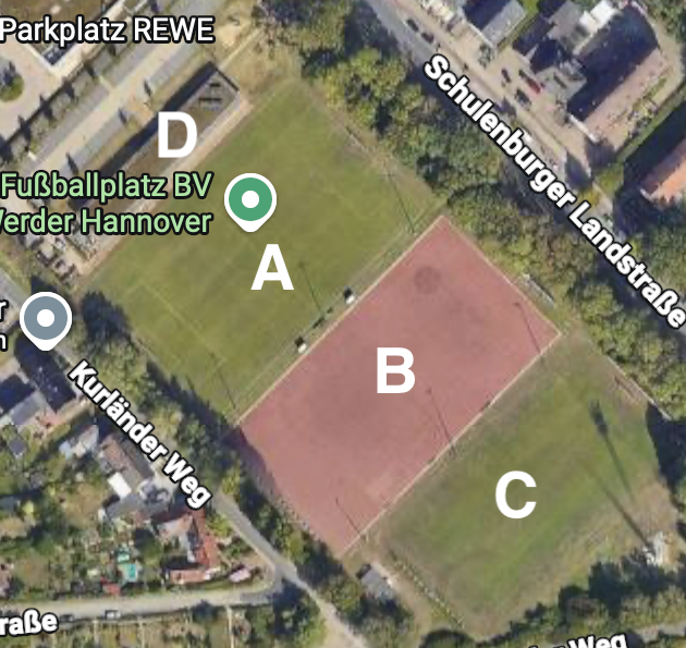 A= Rasenspielfläche(Normalmaß), B= Trainingsplatz(Flutlicht), C= Rasenspielfläche(Mindestmaß), D= Vereinsheim mit Gaststätte)