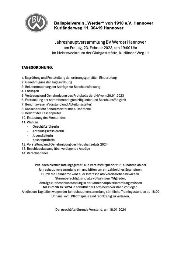Jahreshauptversammlung am 23.02.2024