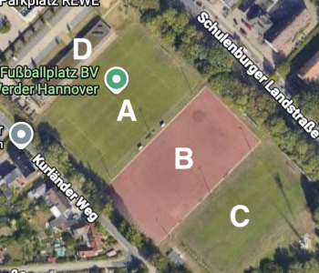 A= Rasenspielfläche(Normalmaß), B= Trainingsplatz(Flutlicht), C= Rasenspielfläche(Mindestmaß), D= Vereinsheim mit Gaststätte)